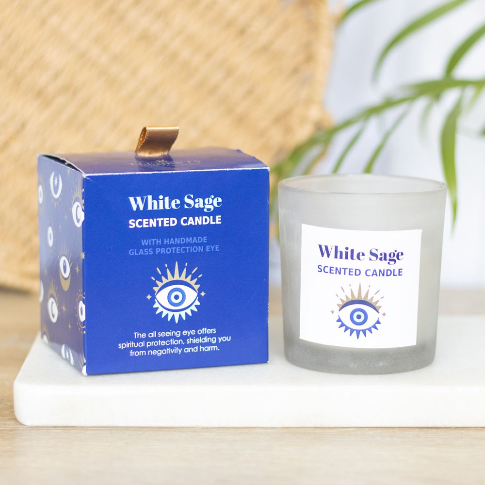 White sage crystal candle in frosted glass with gift box
