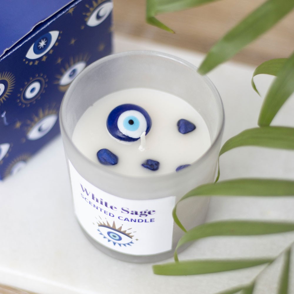 All Seeing Eye white sage candle with sodalite crystal chips