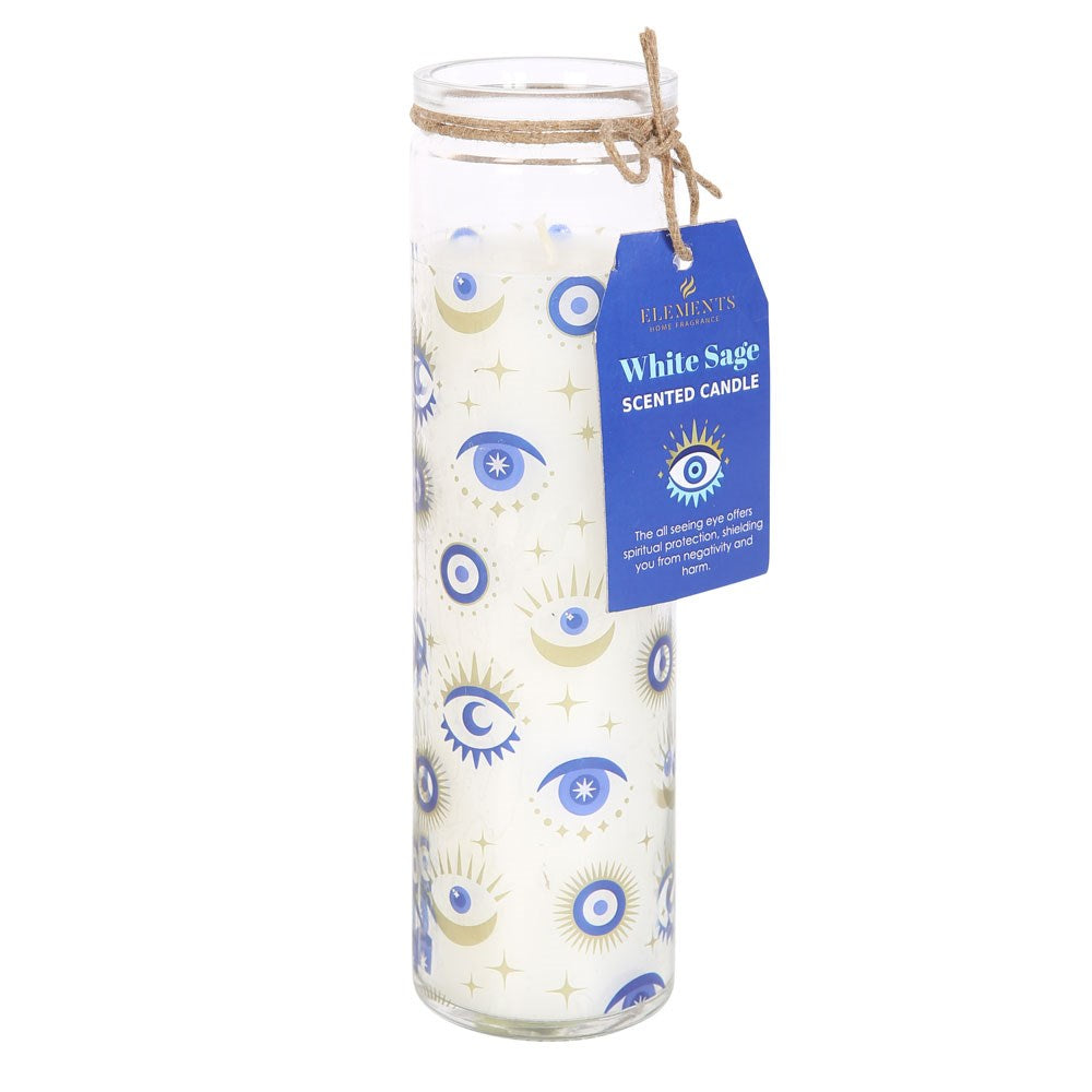 All Seeing Eye White Sage Tube Candle with blue hanging label