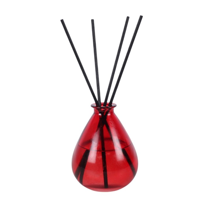 Red glass pomegranate reed diffuser with black reeds