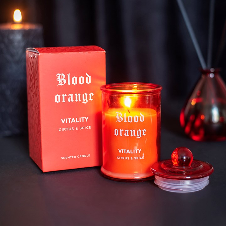 Blood Orange Citrus & Spice Scented Candle with box and open lid