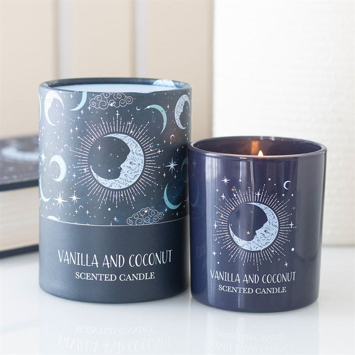 Blue Moon Vanilla and Coconut scented candle with celestial moon and star design