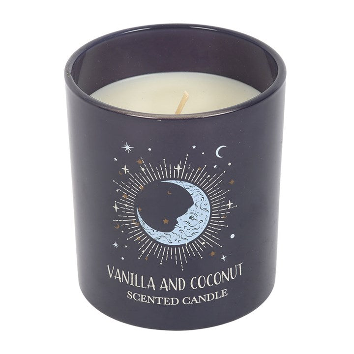 Vanilla and Coconut candle in dark blue glass holder with crescent moon illustration