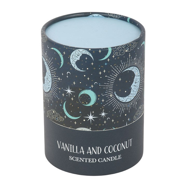 Blue Moon celestial scented candle showing decorative moon and star packaging