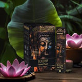 Buddha-themed product packaging with pink lotus flowers and candles on a dark background
