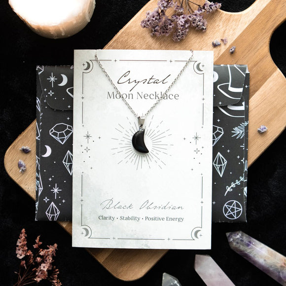 Black Obsidian Crystal Moon Necklace on Greetings Card