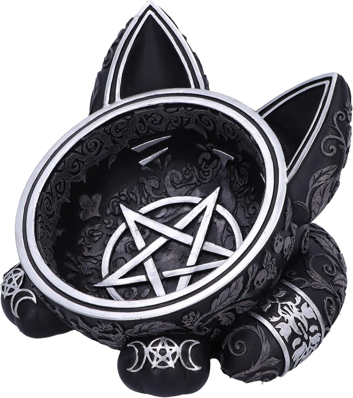 Gothic cat trinket dish with pentagram and triple moon symbols
