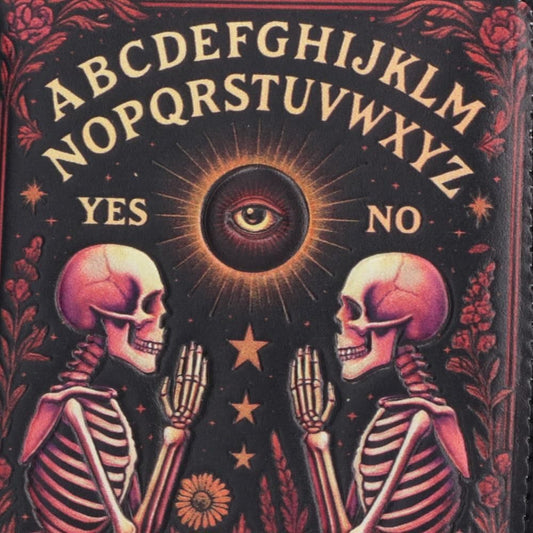 Bloom Ouija Board gothic purse with skeleton spirit board design close up