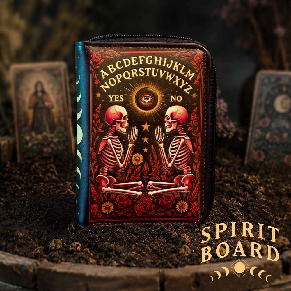 Bloom Ouija Board gothic purse with skeleton spirit board design displayed