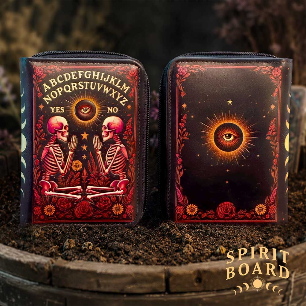 Bloom Ouija Board gothic purse with skeleton spirit board design front and back