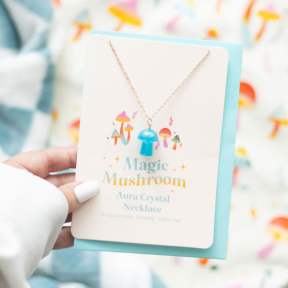 Blue Aura Crystal Mushroom Necklace Greetings Card