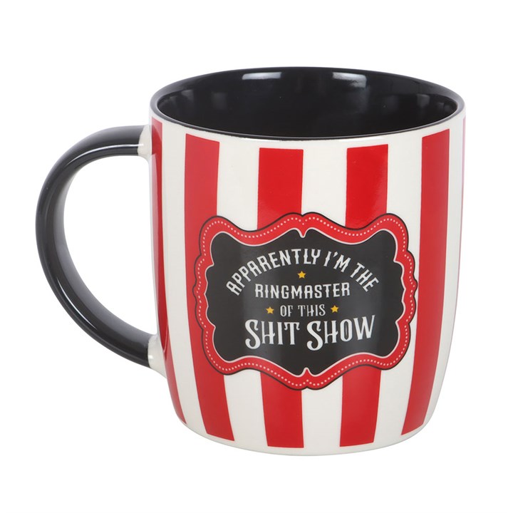 Red and white striped Ringmaster ceramic mug