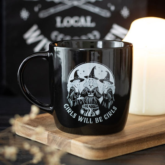 Girls Will Be Girls witchy mug with three witches