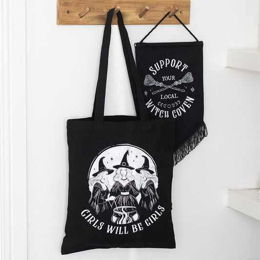 Girls Will Be Girls witchy black tote bag with three witches design