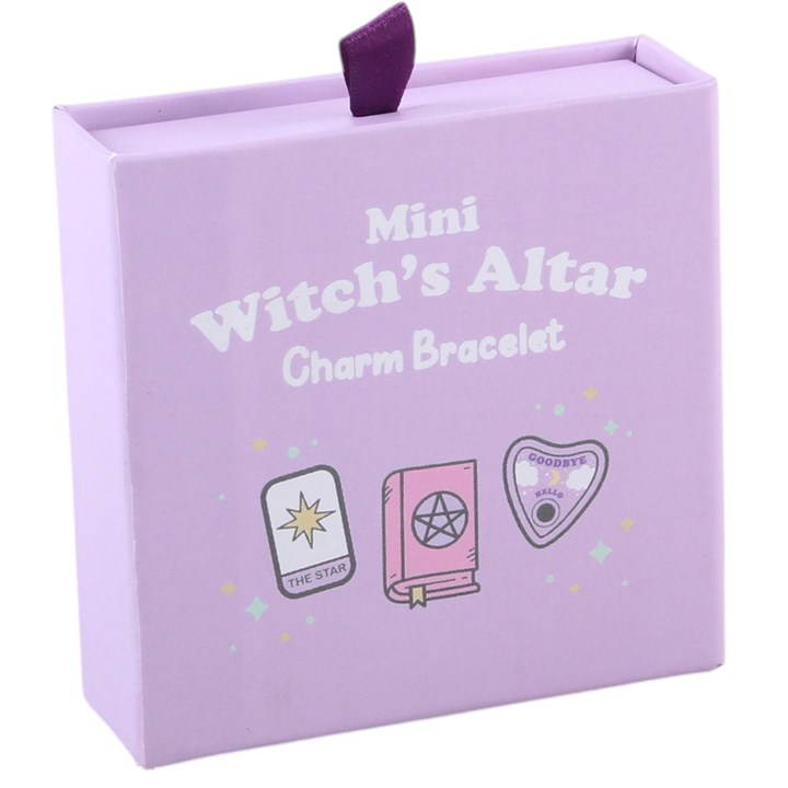 Purple box with 'Mini Witch's Altar Charm Bracelet' text and illustrations on a white background