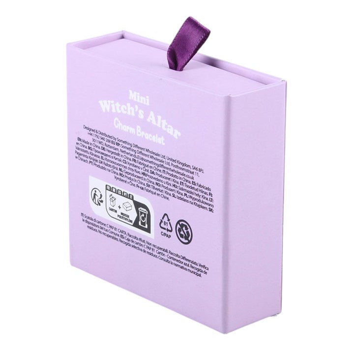 Purple jewelry box with 'Mini Witch's Altar Crown Bracelet' text and branding on a white background