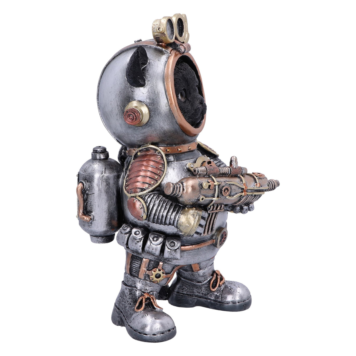 Side view of black cat astronaut ornament holding futuristic equipment