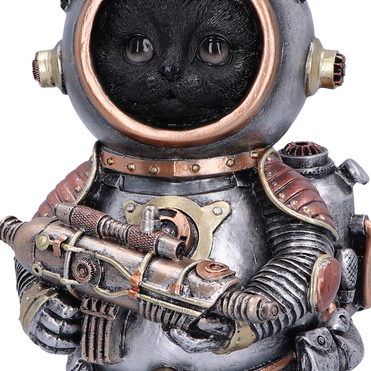 Close-up of Cat-tack Space figurine with black cat face inside helmet