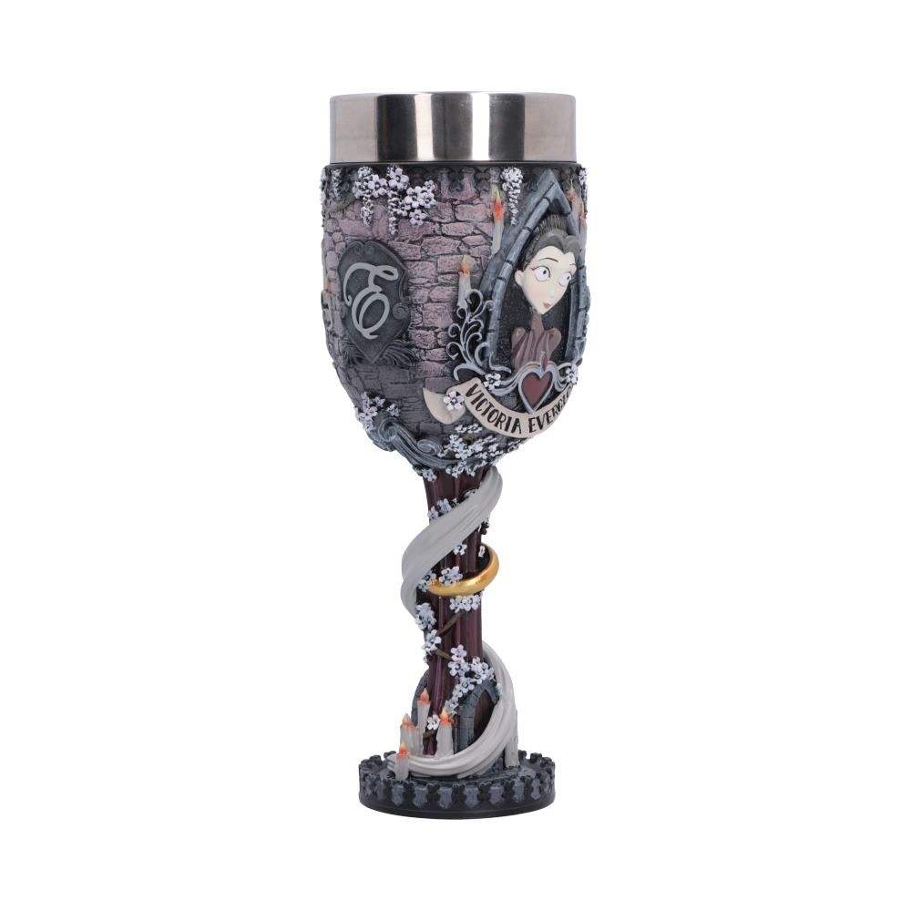Side view showing the ornate sculpted stem of Victoria Goblet