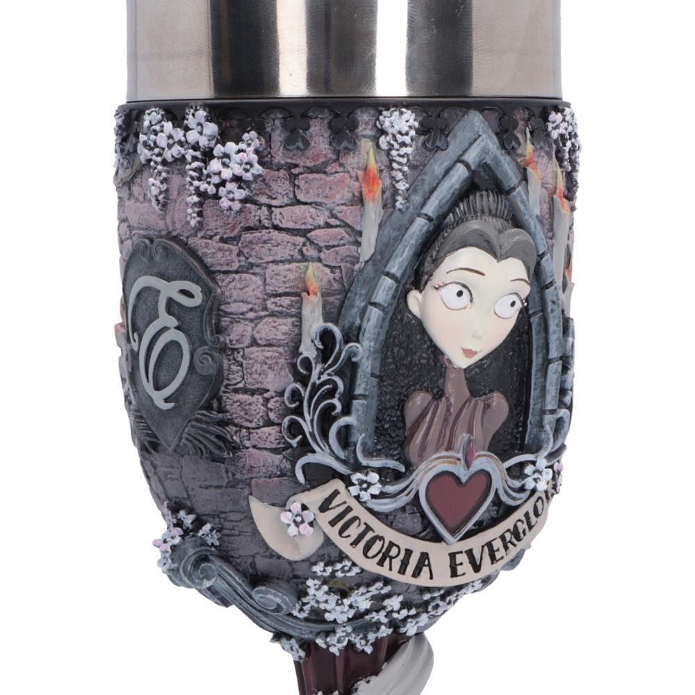 Close-up of Victoria portrait and gothic details on Corpse Bride Goblet