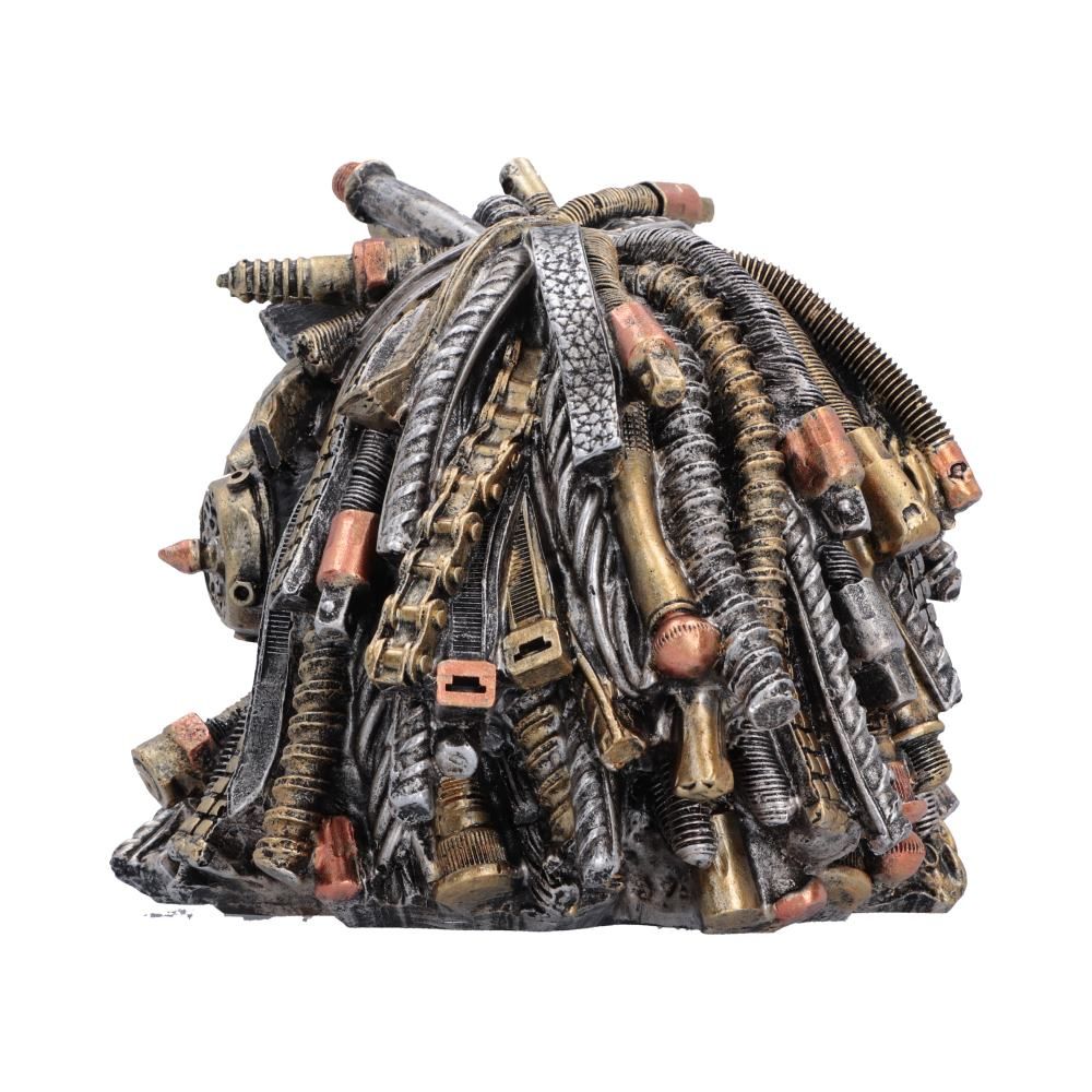 Back of Deadlocked Steampunk Skull showing mechanical dreadlocks