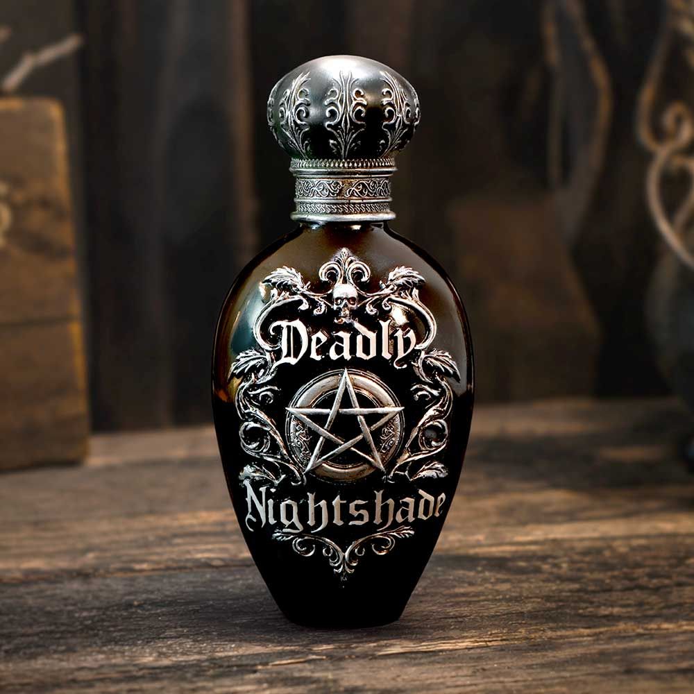 Deadly Nightshade gothic potion bottle ornament displayed