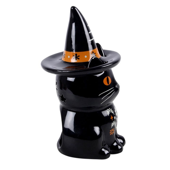 Black cat ceramic oil burner with witch hat design