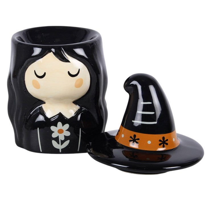 Frightful Folk witch ceramic oil burner showing removable lid