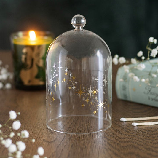 Stardust glass candle cloche with gold stars