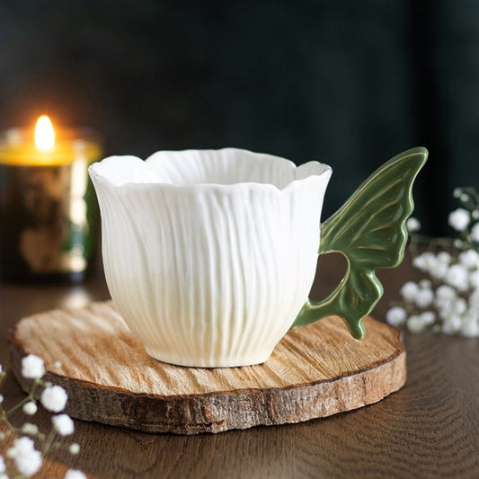 Flower Fairy Wing ceramic teacup with green fairy wing handle