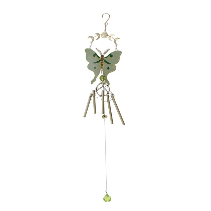 Moonphase moth windchime with green wings and metal chimes