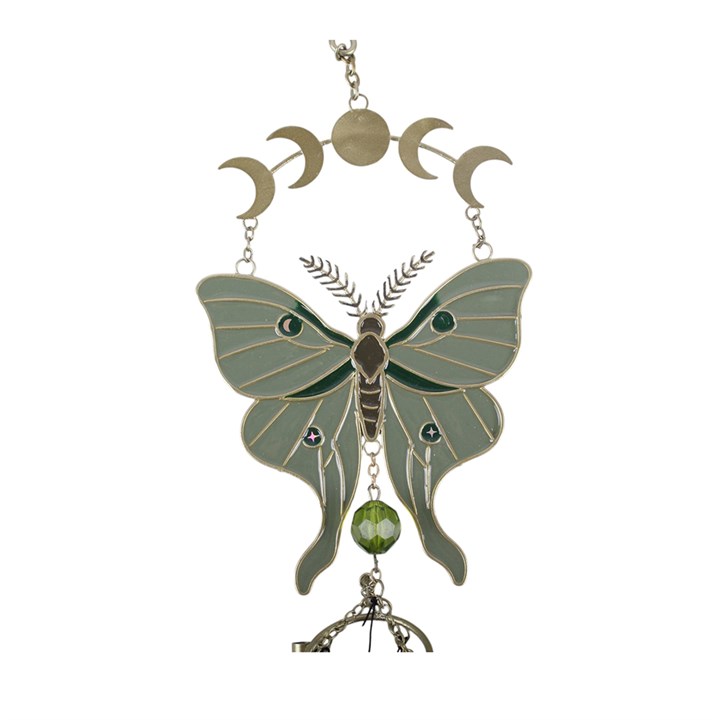 Moonphase moth windchime with green wings and metal chimes close up