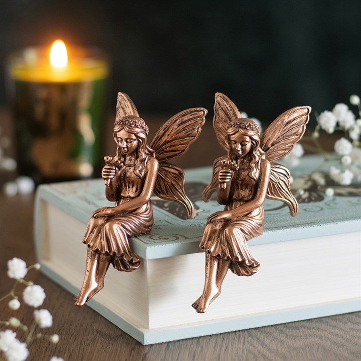 Set of 2 antique bronze fairy shelf sitter ornaments