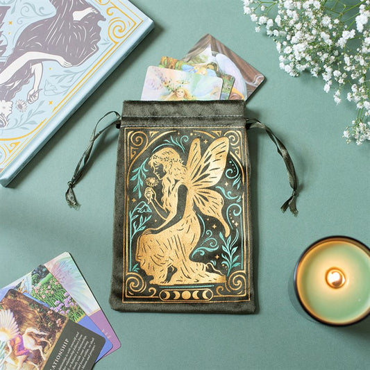 Stardust Fairy green velvet drawstring pouch for tarot cards and crystals