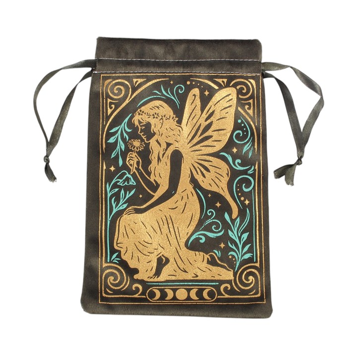 Stardust Fairy green velvet drawstring pouch for tarot cards and crystals front view