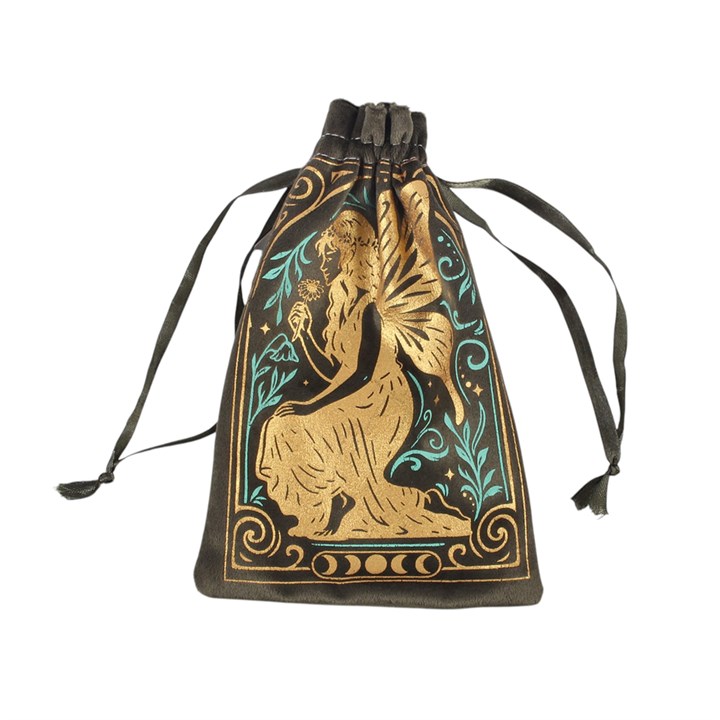 Stardust Fairy green velvet drawstring pouch for tarot cards and crystals closed