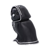 Rear side view of Featheros bird figurine wearing a black cloak