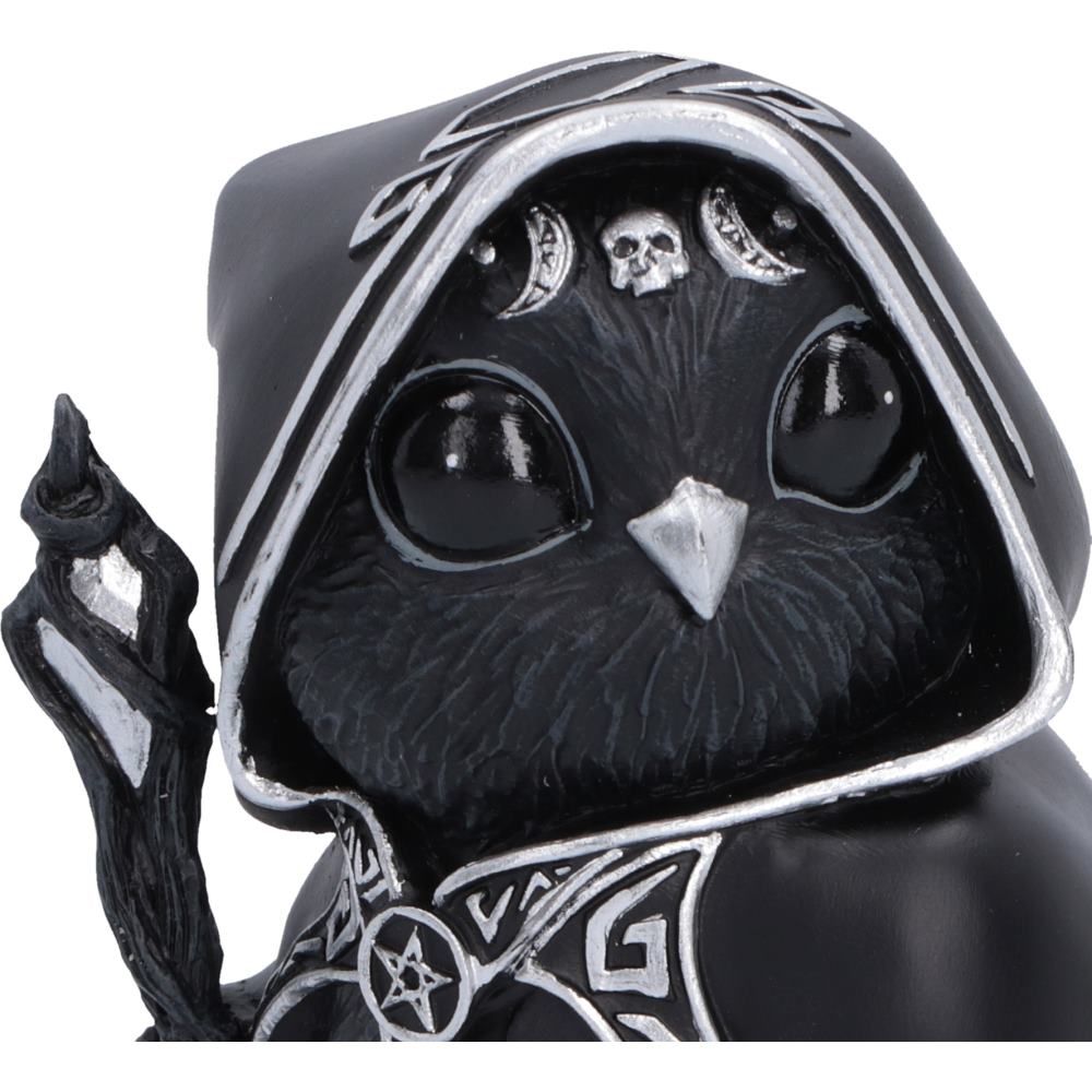 Close-up of Featheros figurine’s hooded face and silver detailing