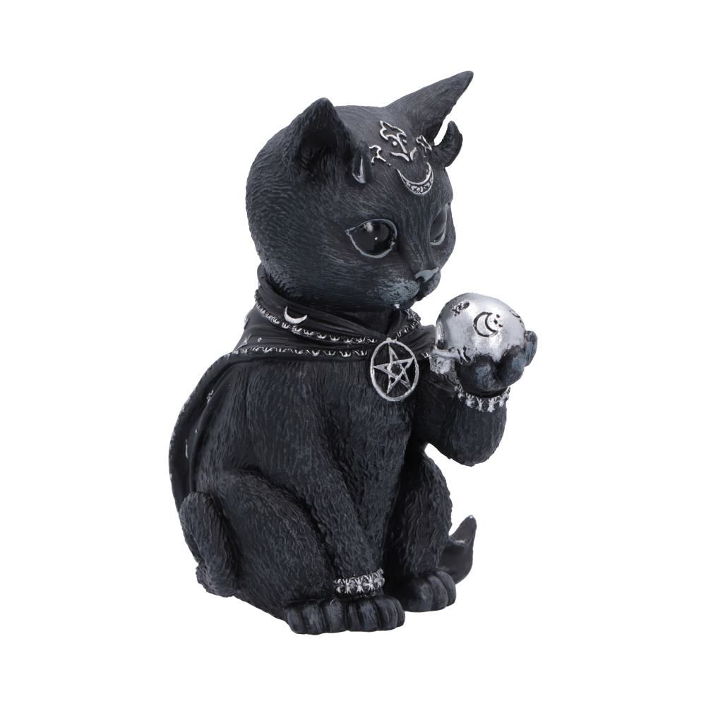 Side view of Feligor gothic cat figurine holding a skull