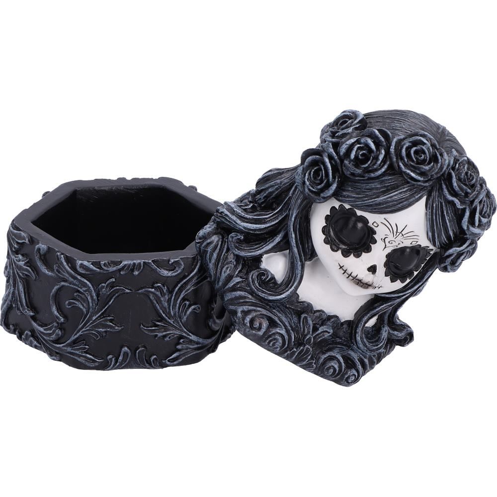 Open Flor De Muerte Trinket Box with removable lid