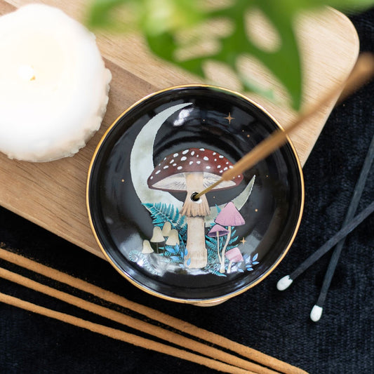 Forest Mushroom incense holder with crescent moon and toadstools