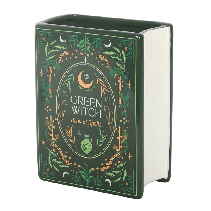 Green Witch spellbook shaped ceramic vase