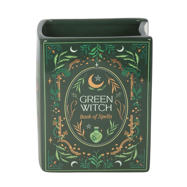 Green Witch book shaped vase front view