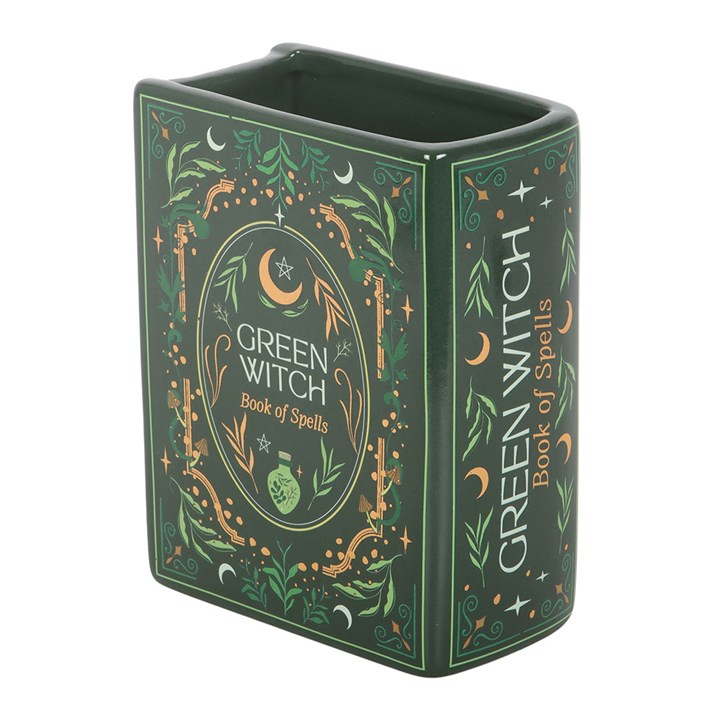 Green Witch book shaped vase side view