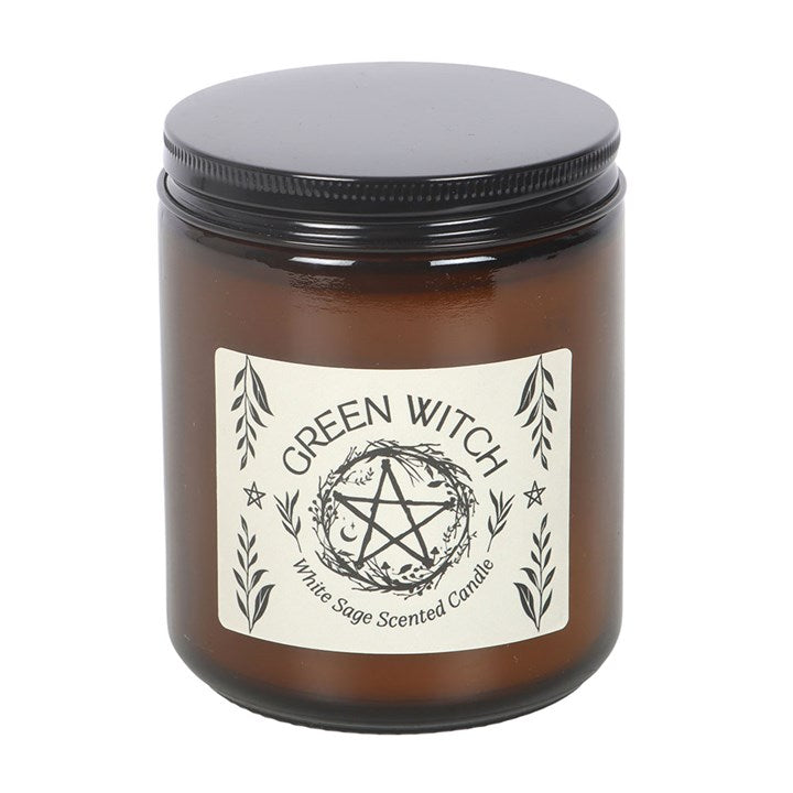 Green Witch white sage amber glass candle with lid