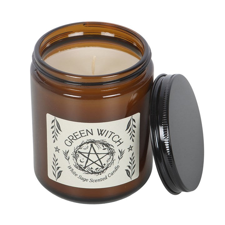 Green Witch white sage candle in open amber glass jar