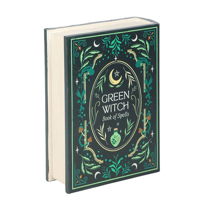 Green Witch book shaped box open showing storage compartment