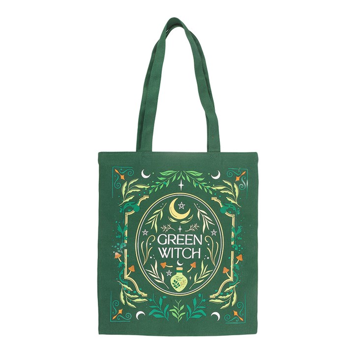 Green Witch tote bag with botanical design