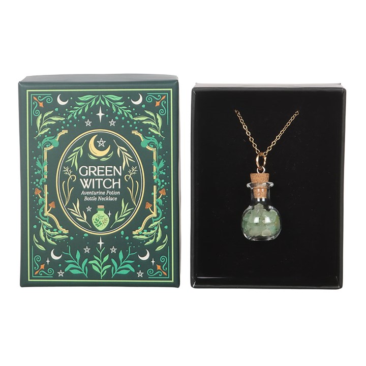 Green aventurine potion bottle necklace and packaging