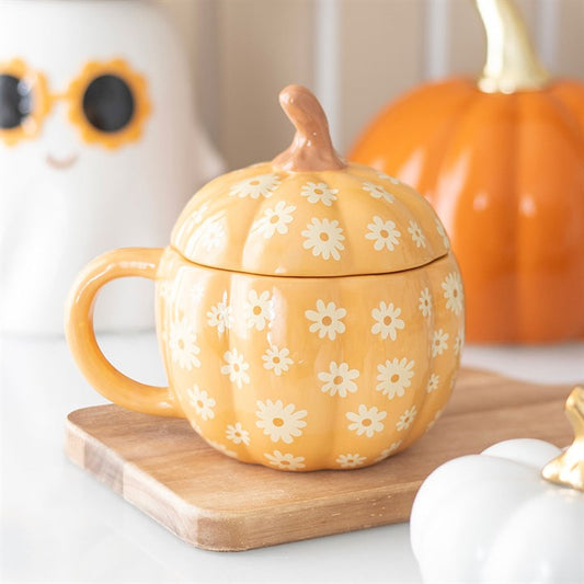 Groovy floral pumpkin lidded mug for autumn and Halloween